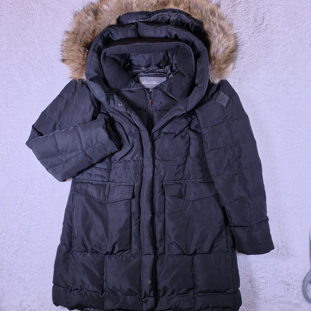 Eddie Bauer Sun Valley Duck Down Parka Women M Black L20F1567 Faux Fur Hood Coat